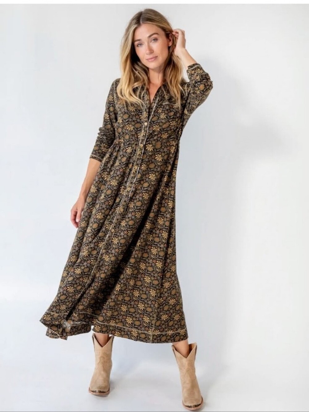 NATURAL LIFE Christa Black Floral Button-Front Maxi Dress